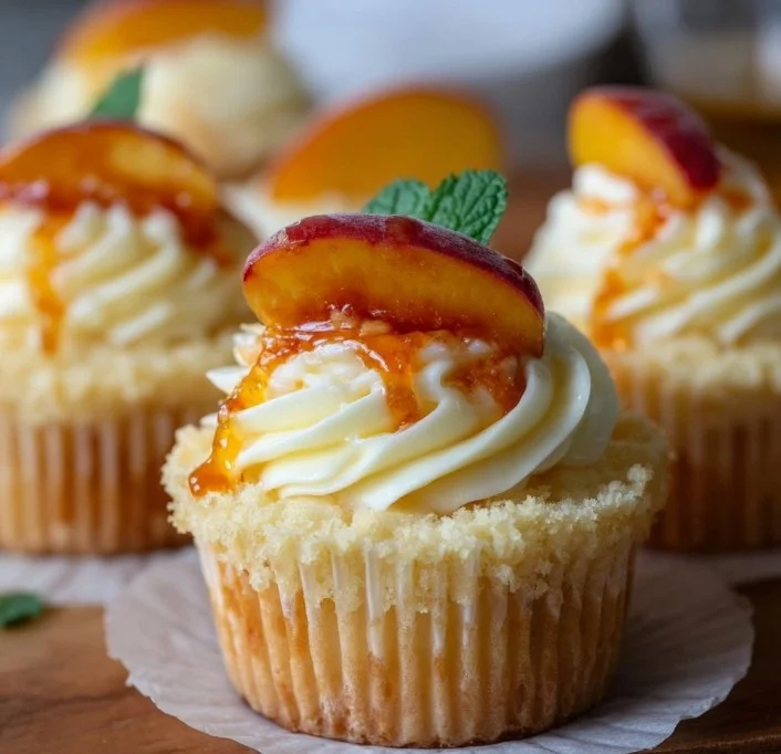 Peach and honey cheesecake cupcakes topped with fresh fruit and creamy frosting