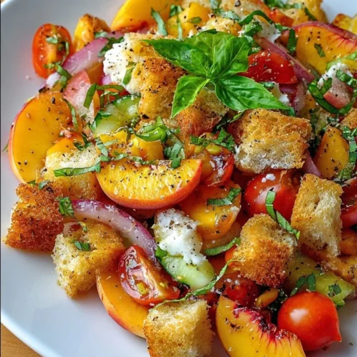 A colorful Peach Panzanella salad with fresh peaches and bread mix.