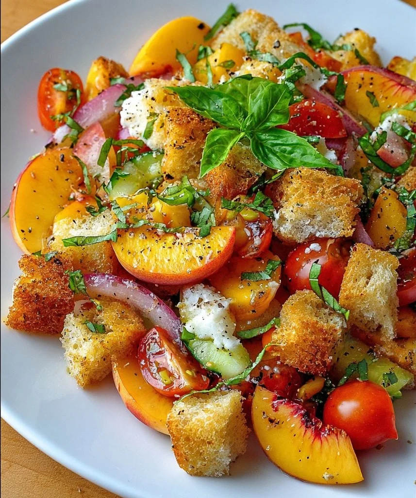 A colorful Peach Panzanella salad with fresh peaches and bread mix.