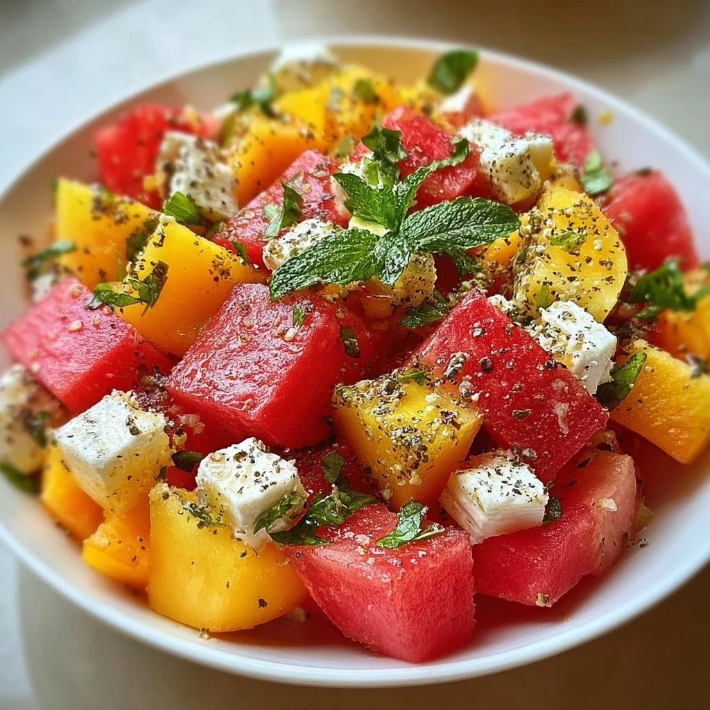A colorful Peach Watermelon Salad with fresh fruits and mint leaves.
