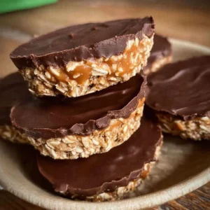 Homemade Peanut Butter Oat Cups on a wooden table.
