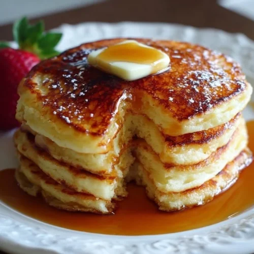 Stack of fluffy pancakes topped with syrup and berries