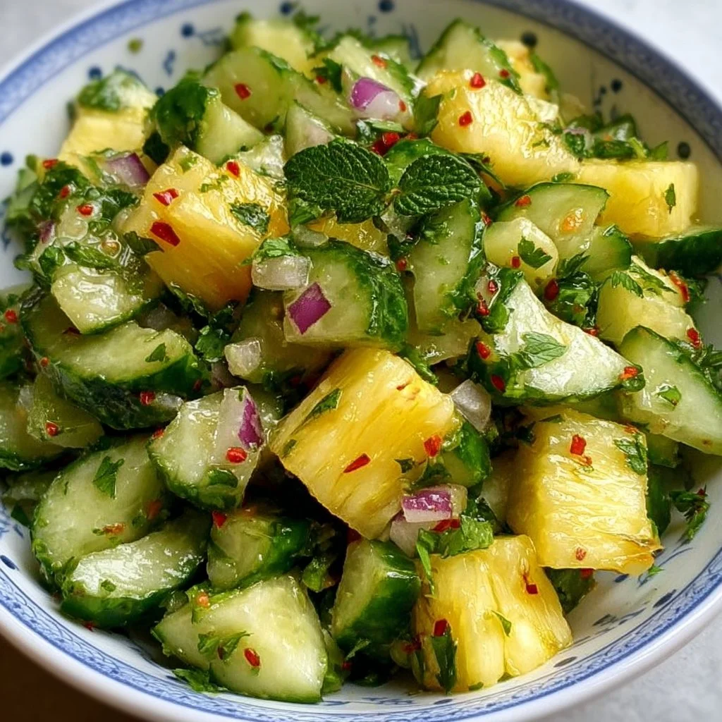 A vibrant Pineapple Cucumber Salad garnished with fresh herbs