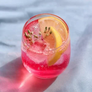 Delicious pink lemonade cocktail garnished with a lemon slice and mint