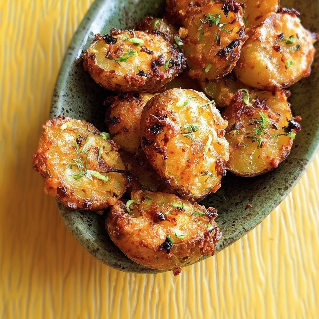 Piri Piri Souffléed Potatoes served in a dish, garnished with herbs.