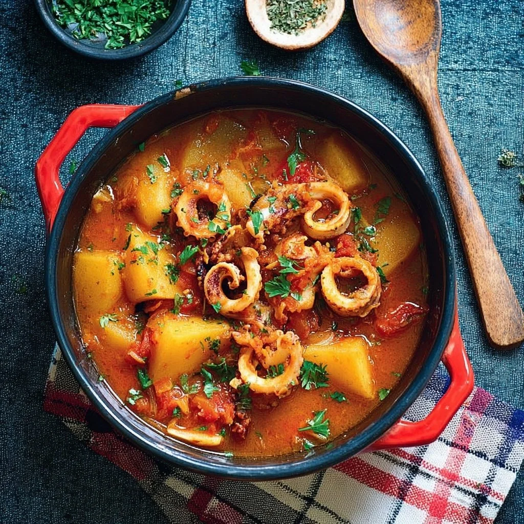 Bowl of Portuguese potato and squid stew garnished with fresh herbs