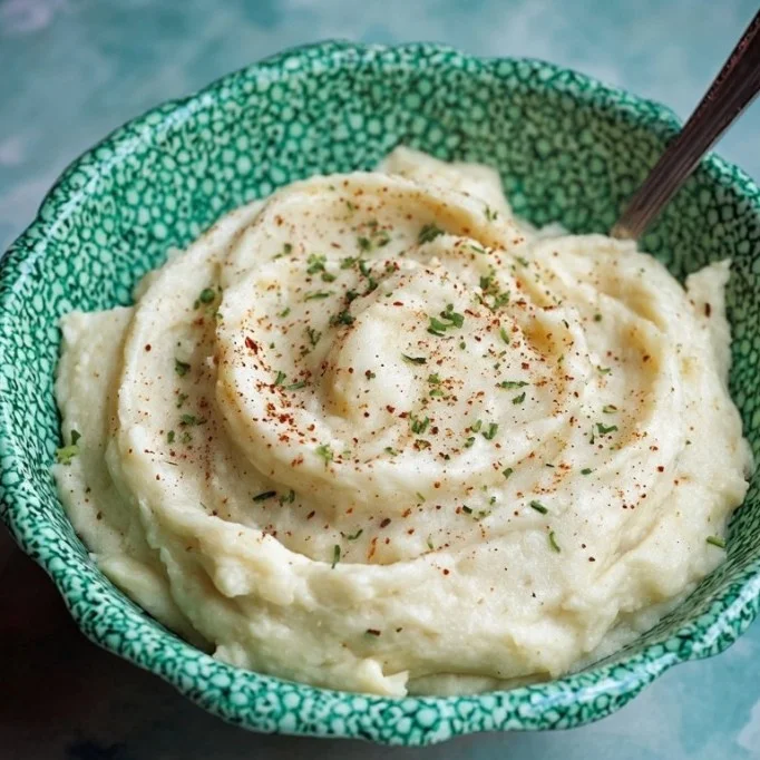 Deliciously creamy potato and cauliflower purée served in a bowl.