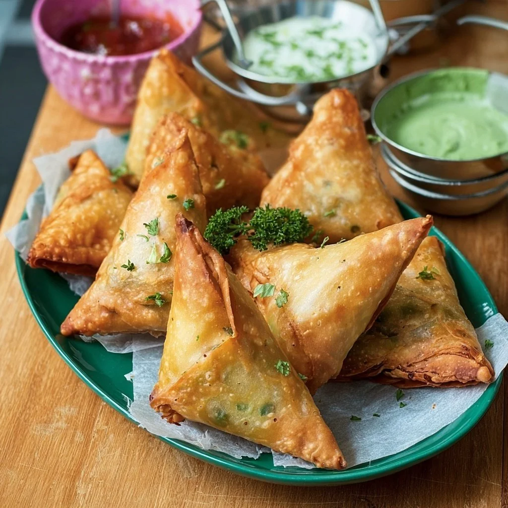 Crispy and flavorful Potato Pea Samosas served with chutney.