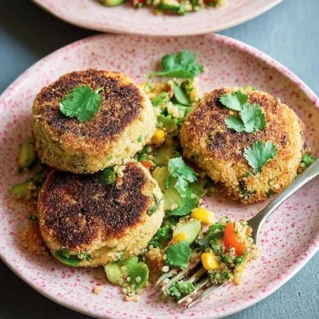 Crispy potato, corn, and coriander cakes served on a plate.