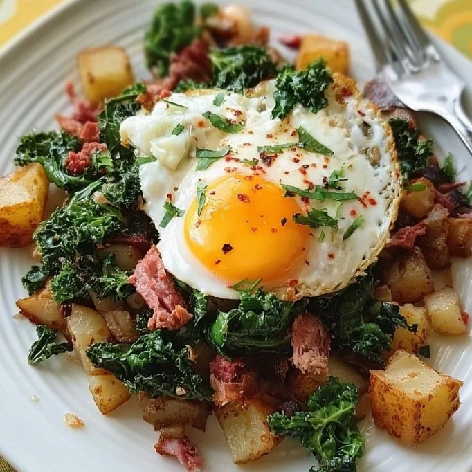 Plate of Potato, Kale and Corned Beef Hash garnished with fresh herbs