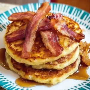 Potato pancake stack with crispy bacon and maple syrup served on a plate