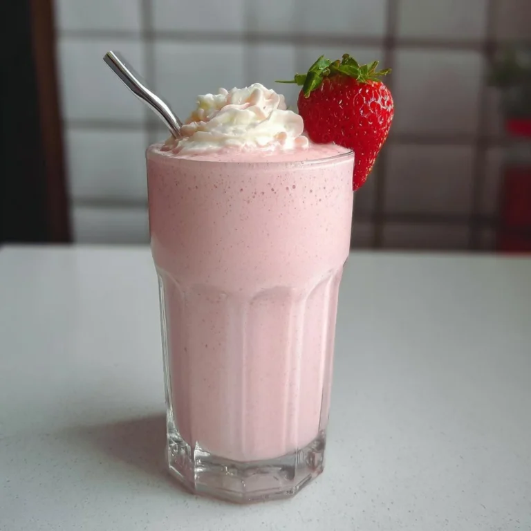 Delicious protein-packed strawberry shake in a glass with fresh strawberries