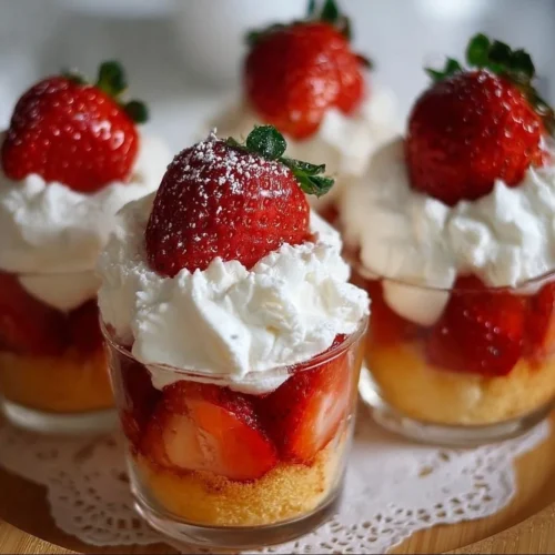 Delicious quick strawberry shortcake cups topped with fresh strawberries and whipped cream