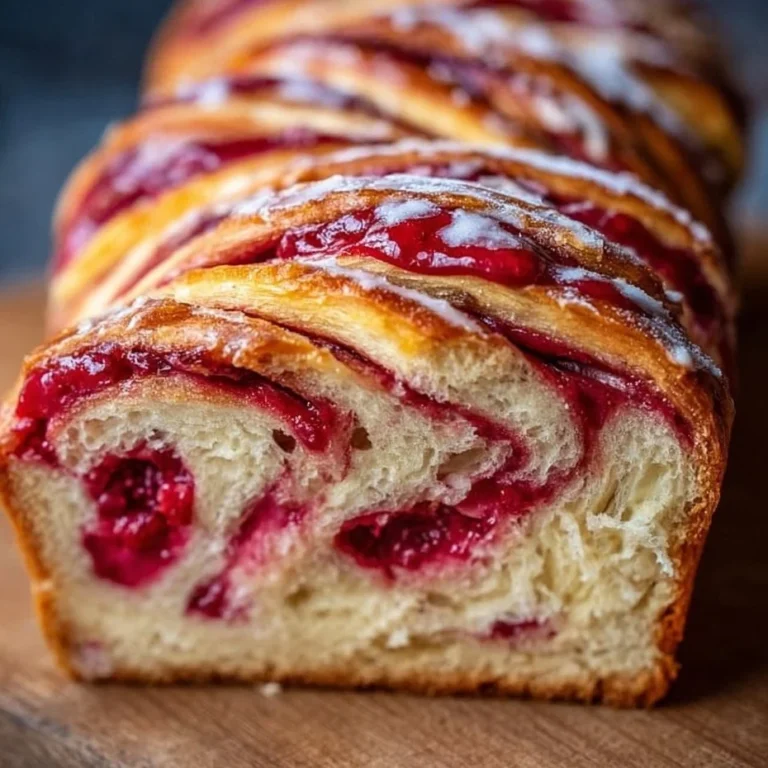 Freshly baked Raspberry Swirl Brioche Loaf, showcasing vibrant raspberry swirls.