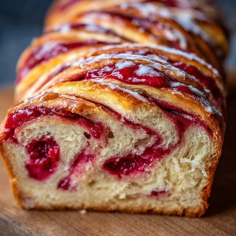 Freshly baked Raspberry Swirl Brioche Loaf, showcasing vibrant raspberry swirls.