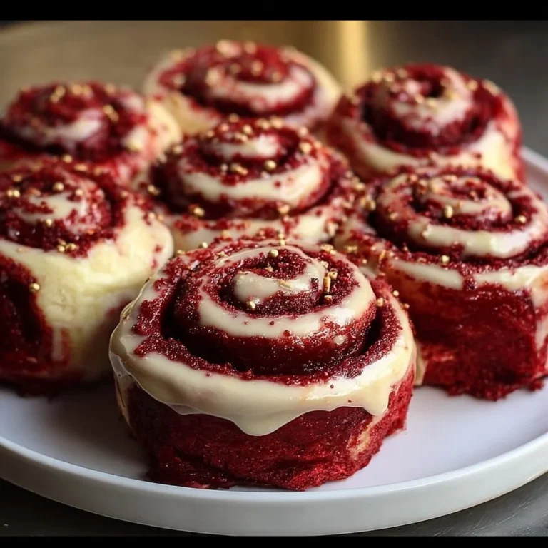 Delicious red velvet cinnamon rolls topped with cream cheese frosting