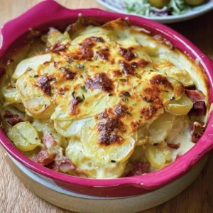 Reubens Tartiflette: A Bold Twist on the Classic French Potato Bake Delicious Reubens Tartiflette served in a rustic dish, garnished with herbs.