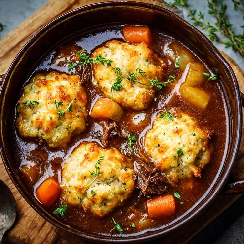 Bowl of rich Irish stew served with cheddar dumplings, garnished with herbs.