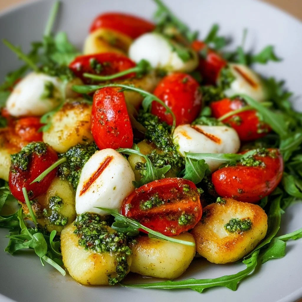 Roasted gnocchi salad with basil pesto, tomatoes, mozzarella, and arugula served in a bowl.