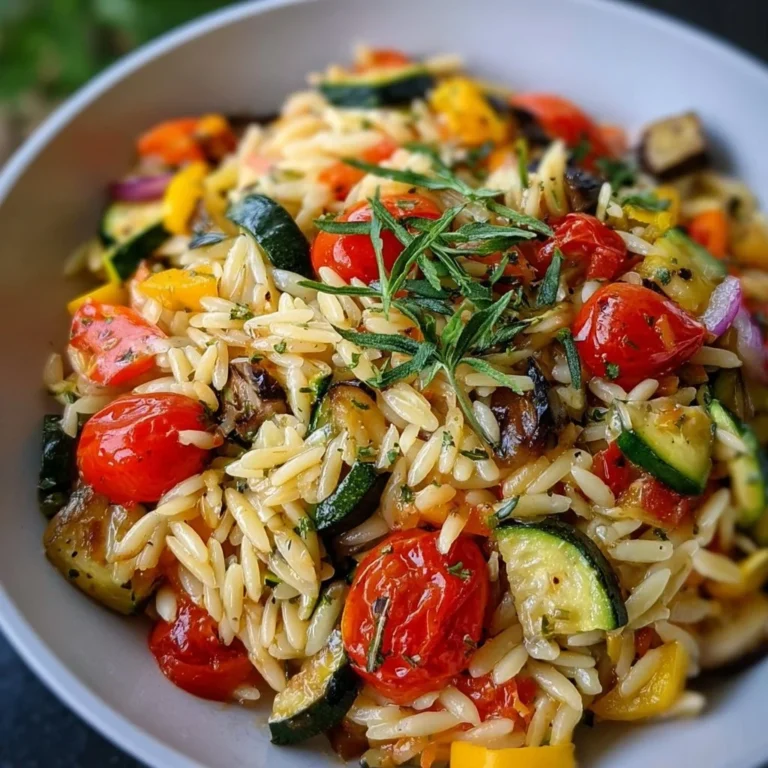 Colorful roasted vegetable orzo dish served in a bowl