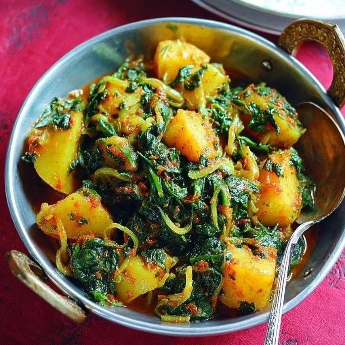 Delicious Sag Aloo - Indian spinach and potato curry served in a traditional dish
