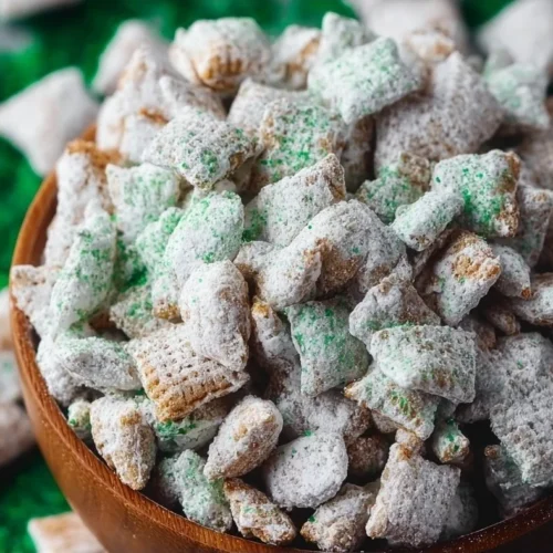 Saint Patrick's Day themed Puppy Chow recipe with green treats