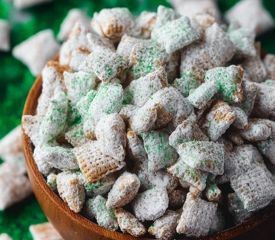 Saint Patrick's Day themed Puppy Chow recipe with green treats