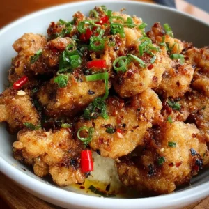 Delicious plate of Salt and Pepper Chicken garnished with fresh herbs