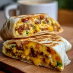 Delicious breakfast crunchwrap filled with eggs, cheese, and veggies