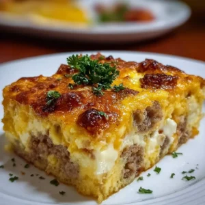 Delicious Sausage and Egg Casserole baked until golden and fluffy