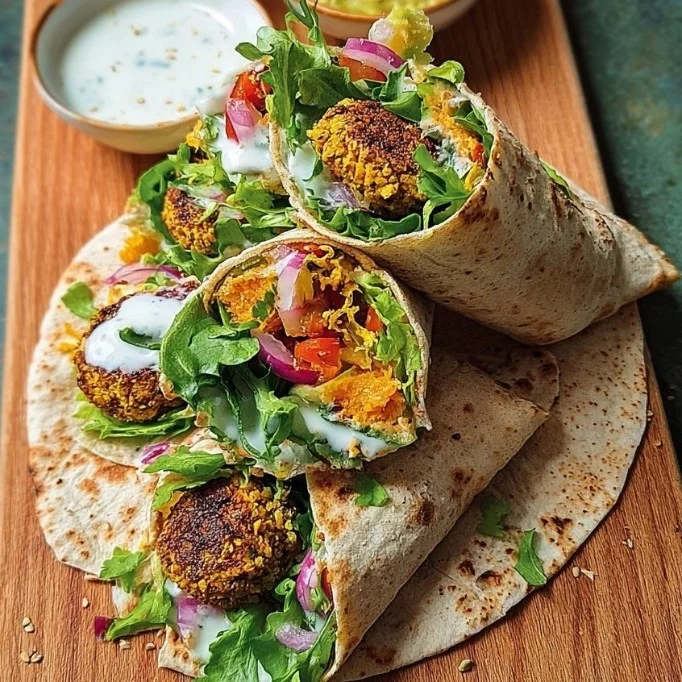 Sesame sweet potato falafel wraps filled with fresh ingredients