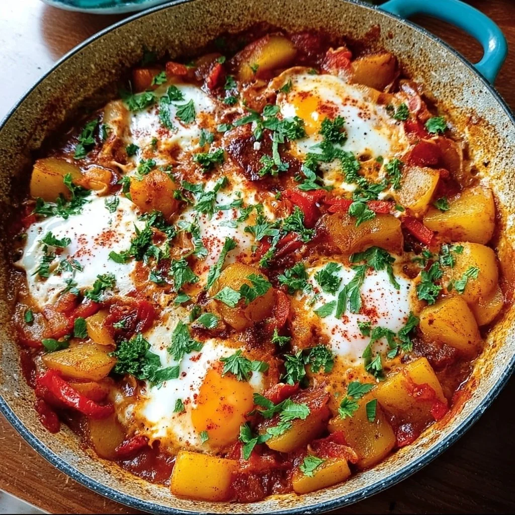 Delicious shakshuka with potatoes and chorizo served in a skillet.