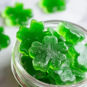 Shamrock homemade gummies made with Jello in a colorful display