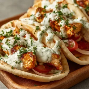 Sheet pan chicken pitas with herby ranch dressing and fresh vegetables