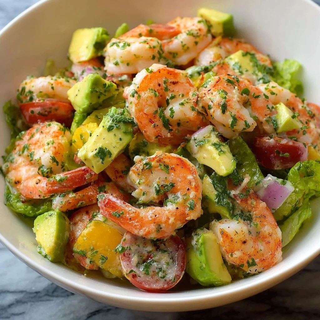 Fresh shrimp salad with vegetables and dressing