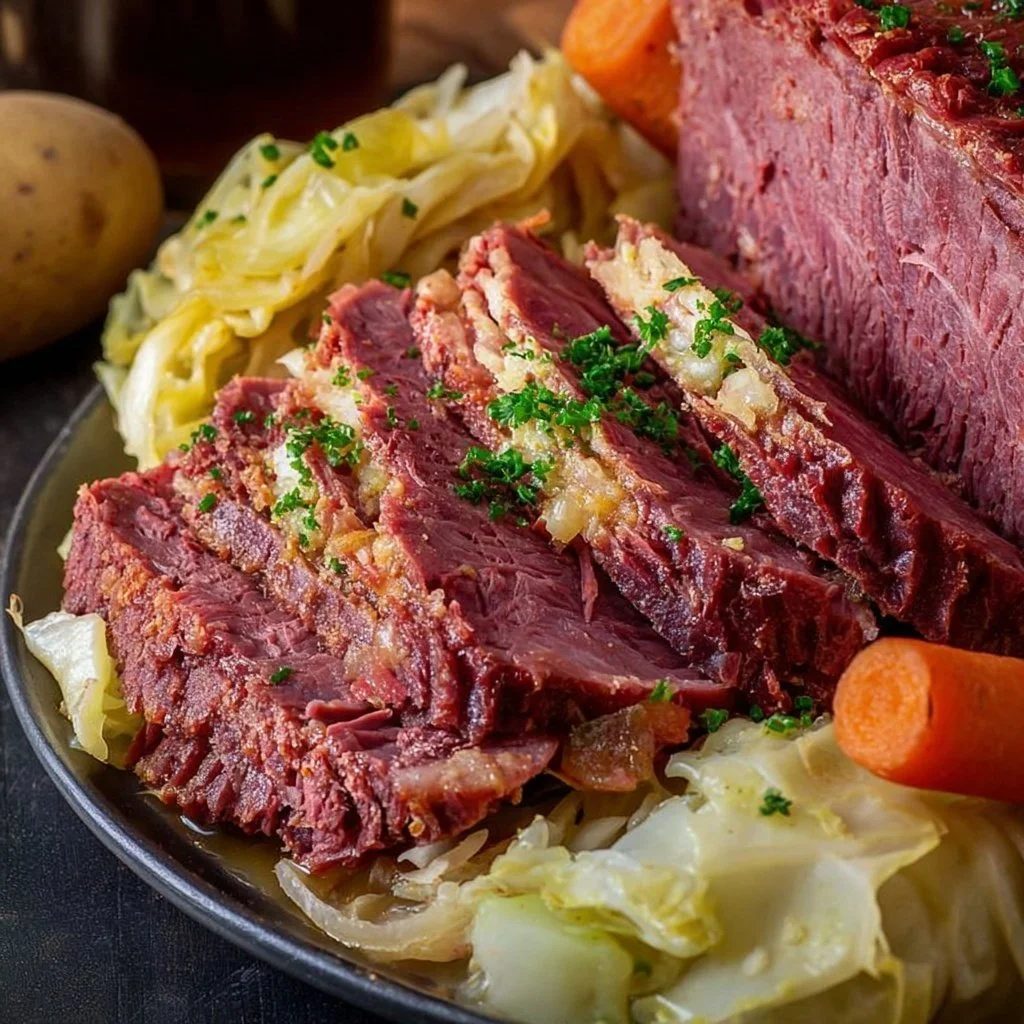 Slow cooker dish featuring corned beef and cabbage for a comforting meal.