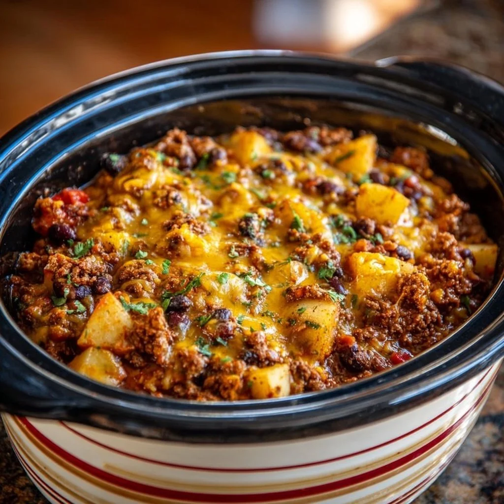 Slow Cooker Cowboy Casserole with beef, beans, and cheese in a bowl
