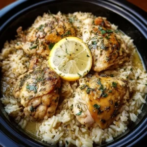 Slow Cooker Lemon Herb Chicken served with rice garnished with herbs