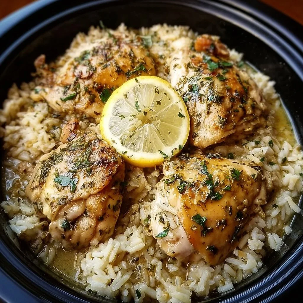 Slow Cooker Lemon Herb Chicken served with rice garnished with herbs