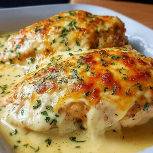 Smothered Cheesy Sour Cream Chicken Smothered cheesy sour cream chicken served on a plate with garnishes.