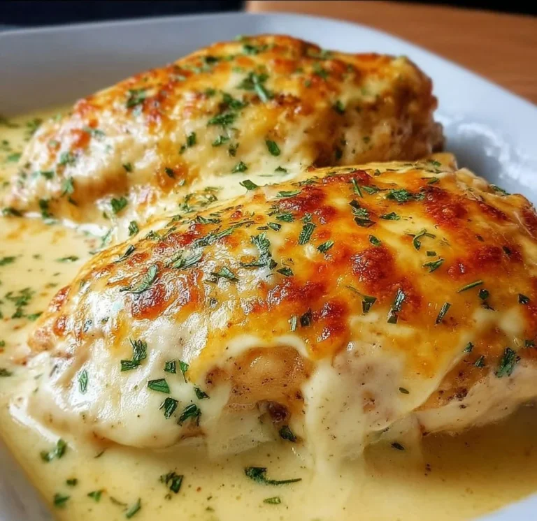Smothered cheesy sour cream chicken served on a plate with garnishes.