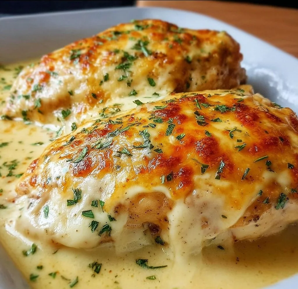 Home Smothered cheesy sour cream chicken served on a plate with garnishes.