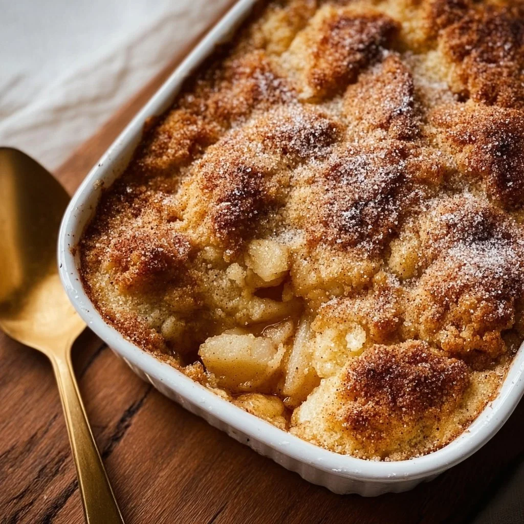 Delicious snickerdoodle apple cobbler topped with cinnamon sugar
