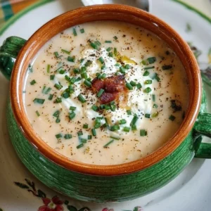 Sour Cream and Chive Baked Potato Soup Creamy sour cream and chive baked potato soup in a bowl with fresh herbs