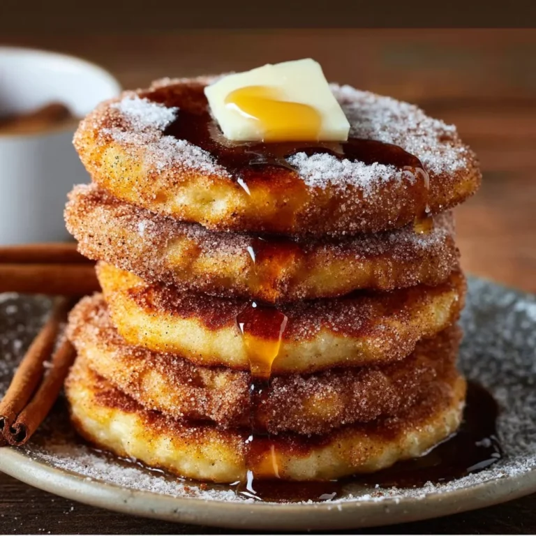 Delicious Spanish churro-inspired pancakes topped with chocolate sauce