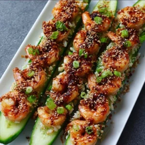 Spicy shrimp cucumber sushi boats garnished and ready to eat