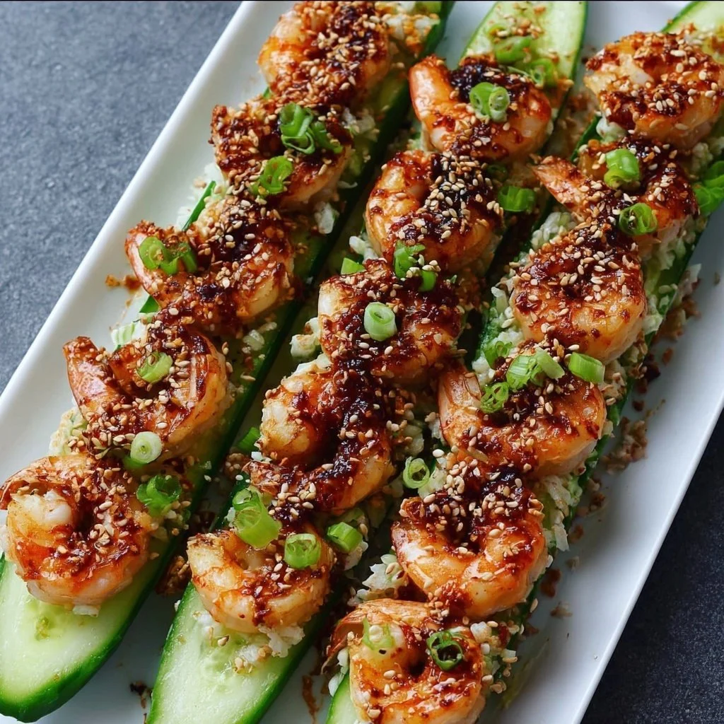 Spicy shrimp cucumber sushi boats garnished and ready to eat