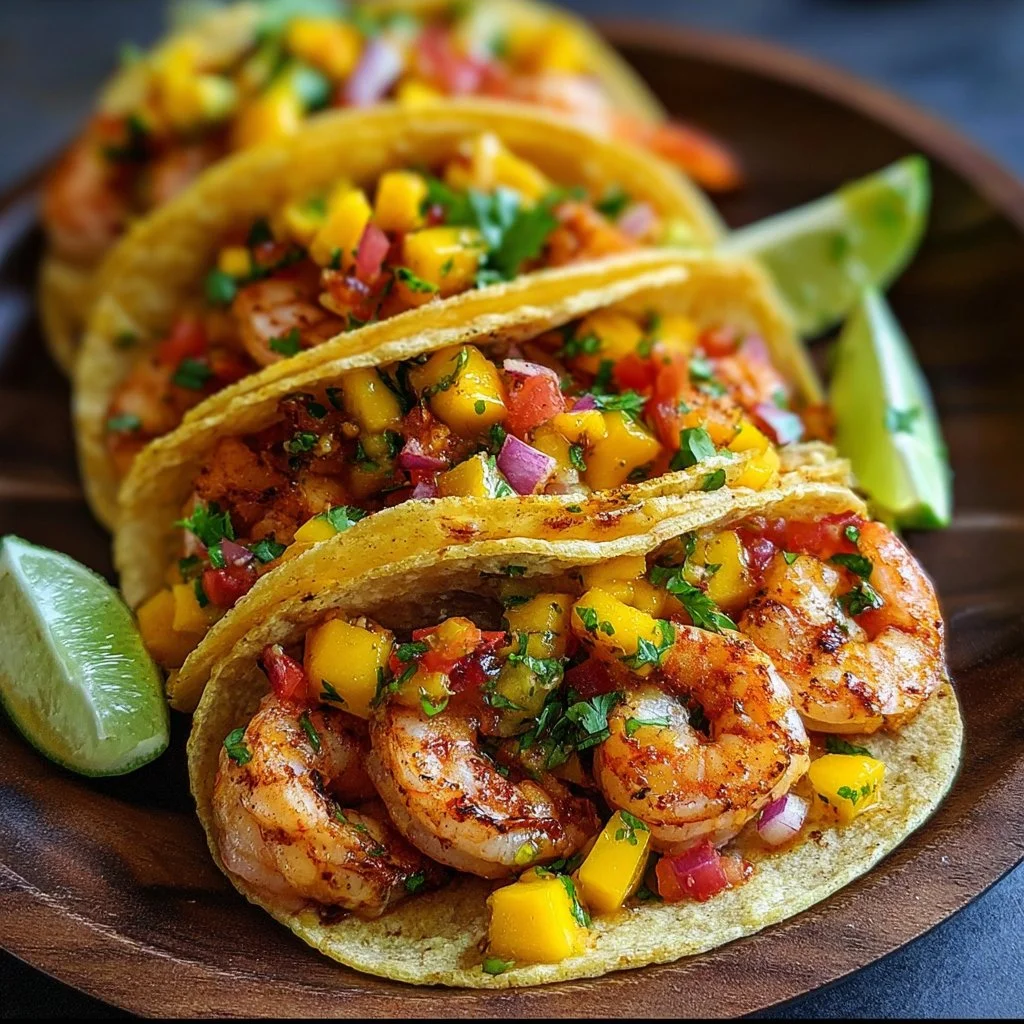 Delicious spicy shrimp tacos with vibrant mango salsa served on a plate