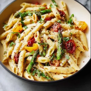 Colorful spring pasta with fresh vegetables and herbs