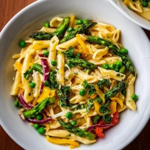 A colorful plate of Spring Pasta with fresh vegetables and herbs.